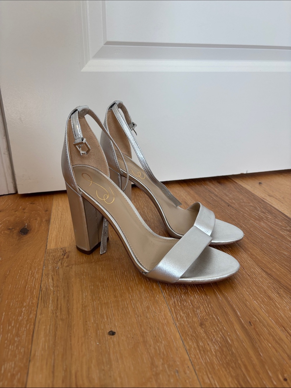 Sam Edelman Silver Metallic Block Heel Sandals with Ankle Strap